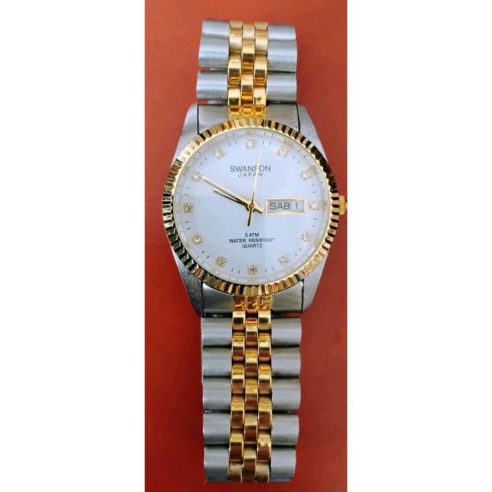 Vintage Swanson Japan Men's Two Tone Watch White Dial Untested For Parts
